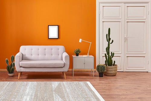 Load image 1 in gallery view. A modern living room with an orange wall, light gray sofa, side table and lamp, framed art, indoor cacti, white door, and the Earth Lines - Washable Double-Sided Kilims - AR06 allergy-friendly rug on a wooden floor.