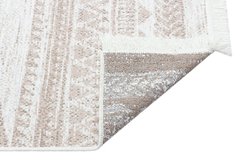 Load image 1 in gallery view. A corner of the Earth Lines - Washable Double-Sided Kilims - AR06 rug, allergy-friendly with beige, white, and brown geometric patterns, is flipped to reveal matching designs on the reverse and a fringed edge.