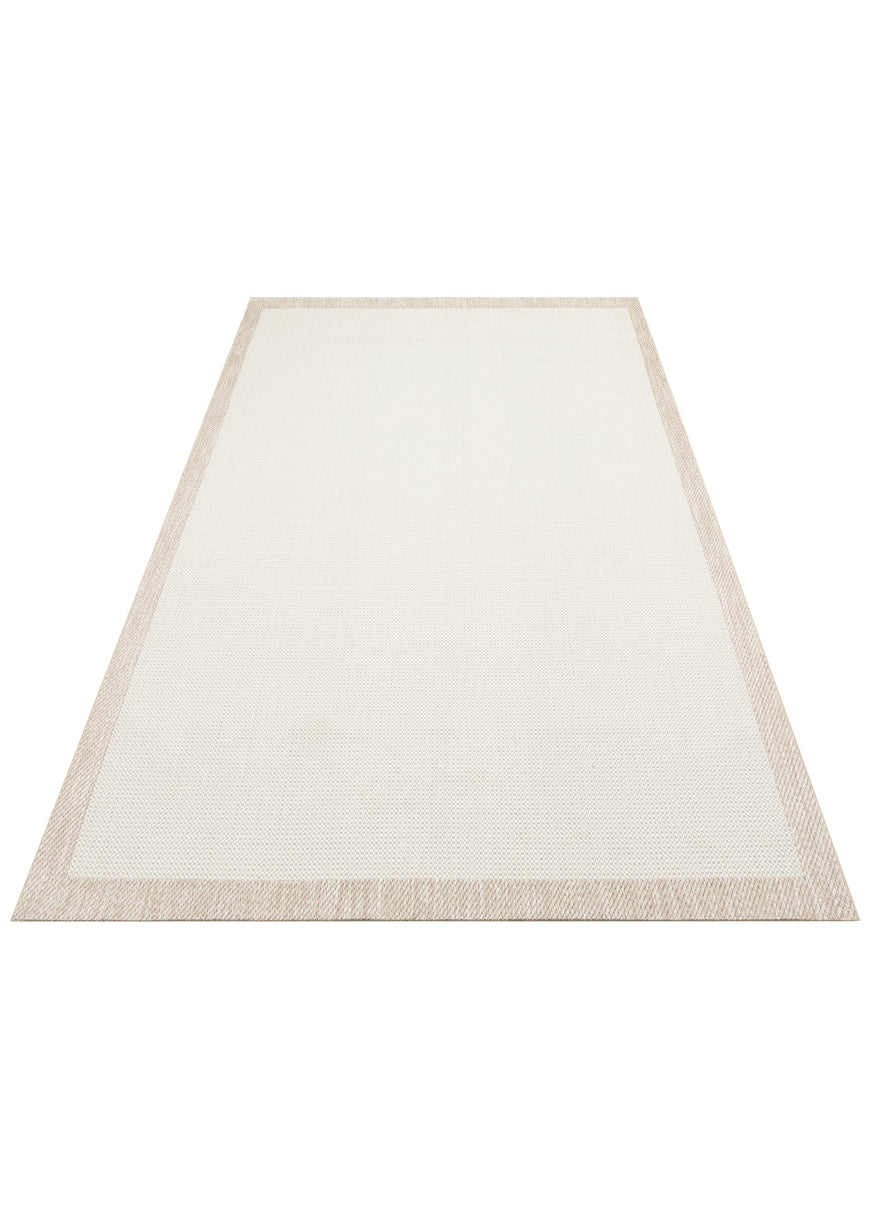 The Earth Note - Kilim - MNO04 is a rectangular kilim rug with a beige border and darker beige edge, laid flat on a white background, offering a timeless design that complements any space.