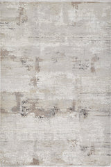 The Earth Tones Fusion Abstract Rug - NV005 features a distressed texture in beige, cream, gray, and light brown with faded patches and brushstroke details for a weathered look. This machine-made rug adds modern style to any space.