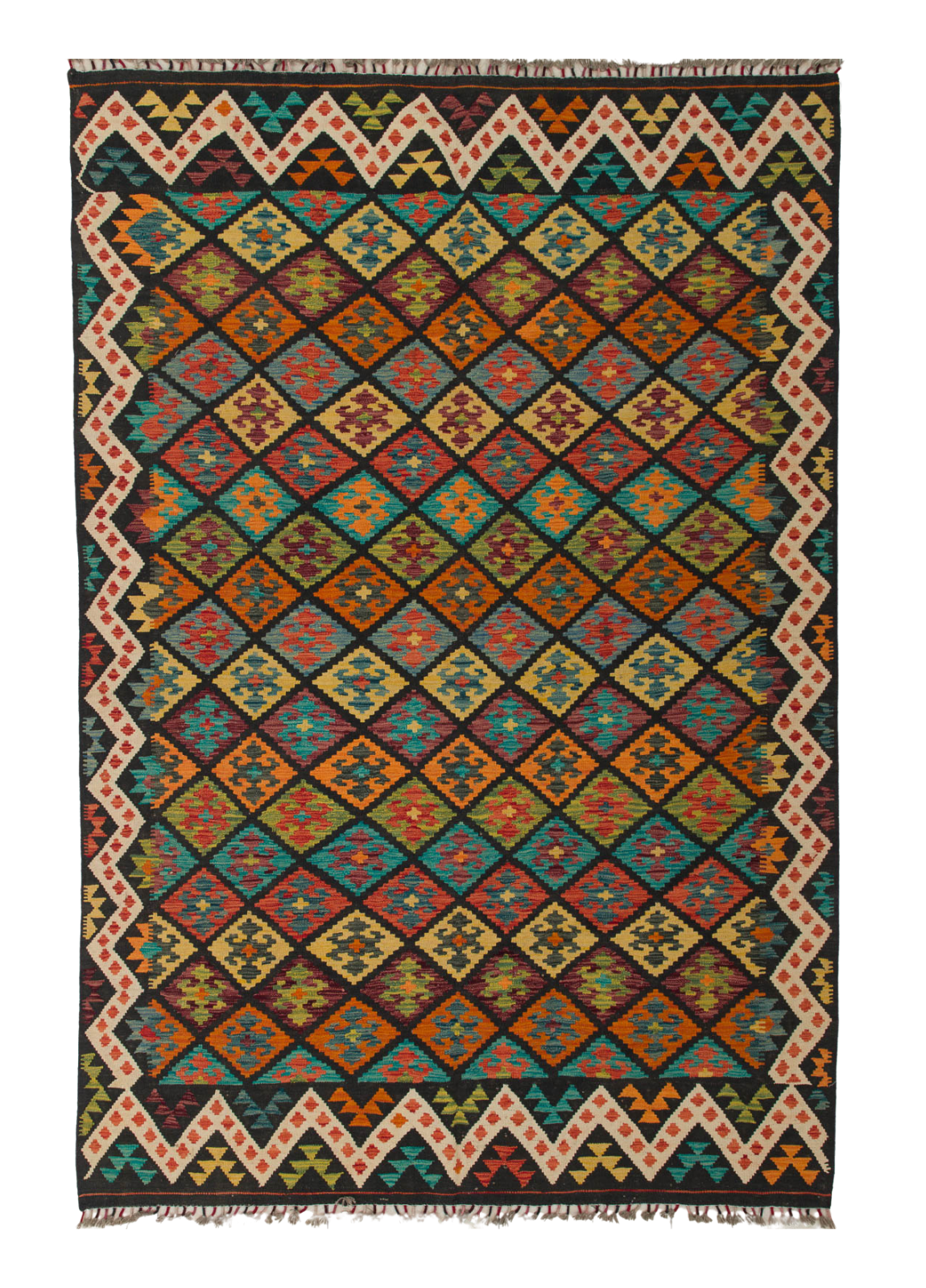 The Earthly Lines - Handwoven Kilim features a diamond pattern in red, yellow, orange, green, and blue, accented with bold zigzag borders and finished with fringed edges.