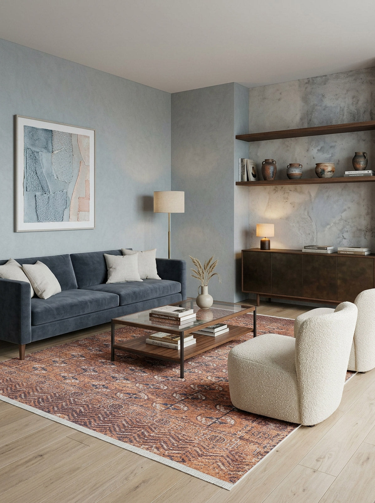 Modern living room with a blue-gray sofa, two white boucle chairs, the Earthy Enigma - Washable Rug - JR1937 ideal for high-traffic areas, a glass coffee table, wall art, pottery on shelves, and soft lighting for a cozy vibe.