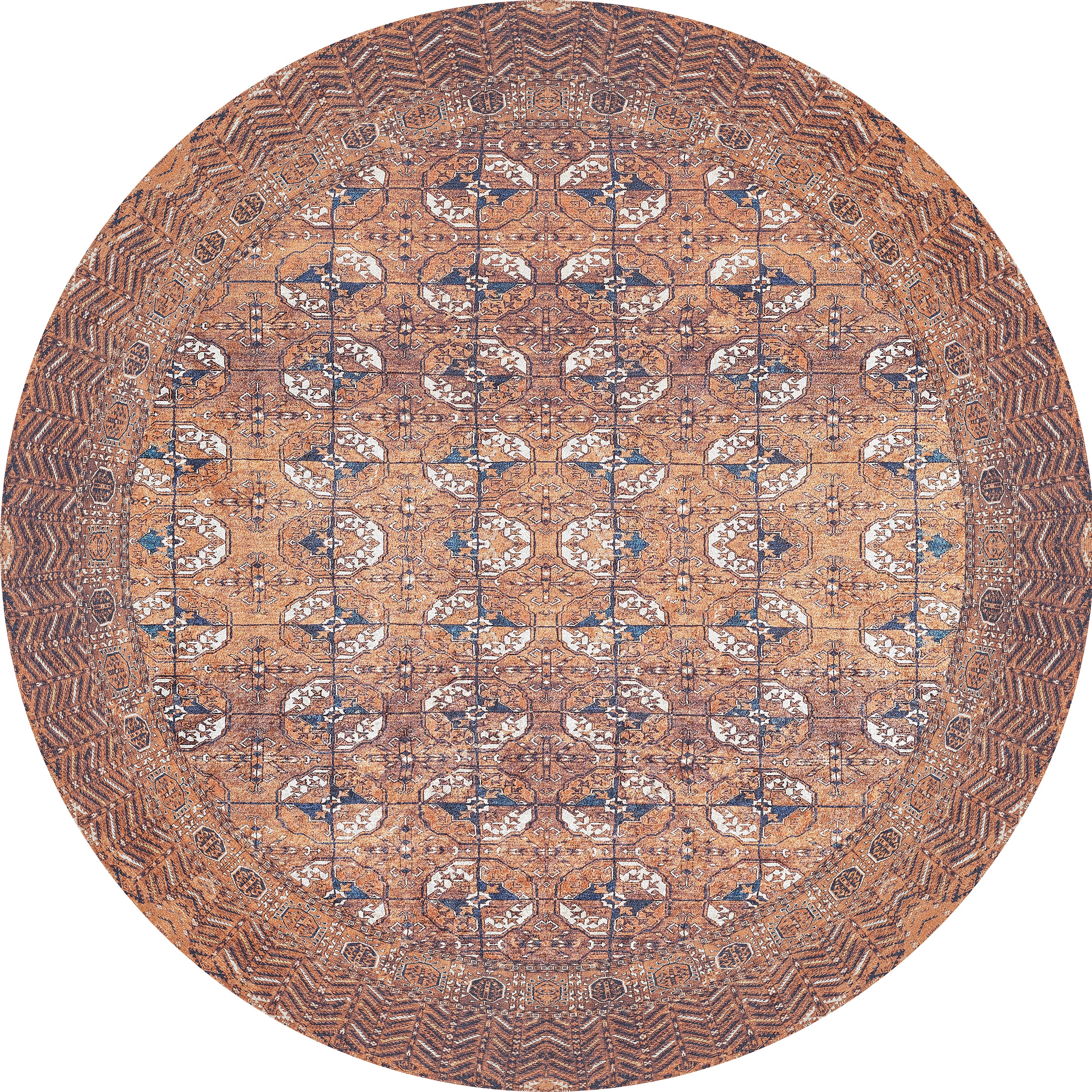 The Earthy Enigma - Washable Rug - JR1937 is a round Persian-style rug with geometric and floral patterns in brown, beige, and blue—perfect for high-traffic areas, featuring a symmetrical design and detailed borders.