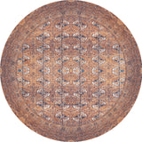 The Earthy Enigma - Washable Rug - JR1937 is a round Persian-style rug with geometric and floral patterns in brown, beige, and blue—perfect for high-traffic areas, featuring a symmetrical design and detailed borders.