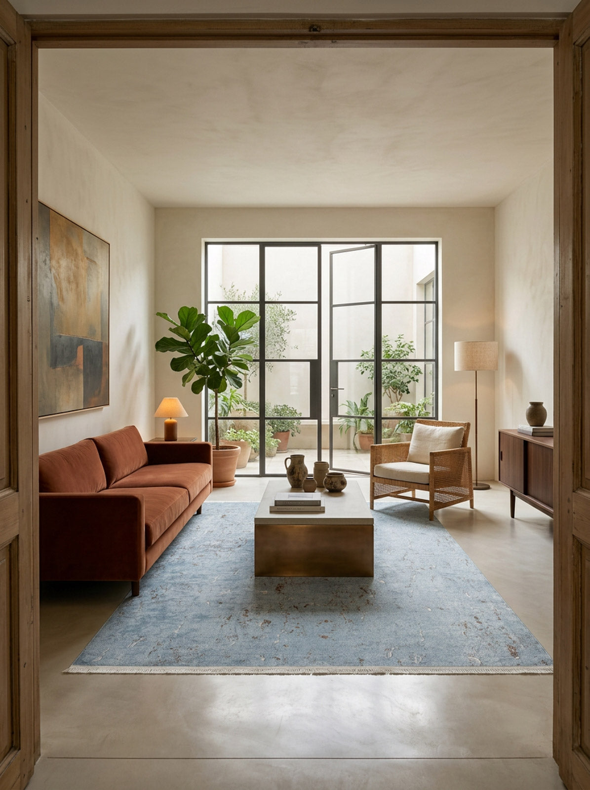 A cozy living room with a rust-colored sofa, woven armchair, and the Earthy Sands - Washable Rug - JR1819—ideal for busy spaces. Large windows bring in sunlight and outdoor greenery. A modern coffee table and art finish the minimalist look.