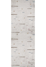 The Ebony Ivory - Washable Rug (JR1994) is a rectangular, easy-care rug with a light gray base, accented by small triangles and lines in muted brown, blue, and rust—ideal for high-traffic spaces and busy homes.