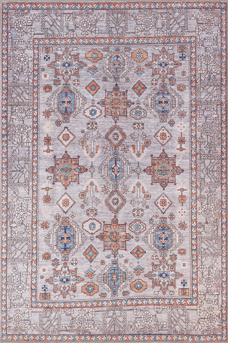 The Echelon Bordered Washable Rug - LCC3018 features a rectangular shape with an intricate geometric and floral pattern in blue, orange, and beige. Its decorative border and symmetry make it perfect for high-traffic areas.