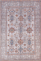 The Echelon Bordered Washable Rug - LCC3018 features a rectangular shape with an intricate geometric and floral pattern in blue, orange, and beige. Its decorative border and symmetry make it perfect for high-traffic areas.