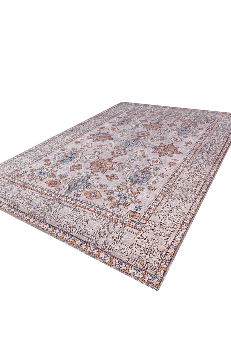 The Echelon Bordered Washable Rug - LCC3018 features intricate geometric and floral patterns in muted orange, blue, and beige on a light background—a large rectangular design ideal for high-traffic areas.