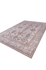 The Echelon Bordered Washable Rug - LCC3018 features intricate geometric and floral patterns in muted orange, blue, and beige on a light background—a large rectangular design ideal for high-traffic areas.