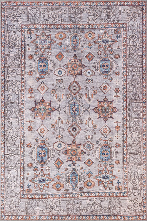 Bild 1 in Galerieansicht laden. The Echelon Bordered Washable Rug - LCC3018 (Custom Size) is a rectangular, gray-anthracite rug with medallions, geometric patterns in blue, orange, and beige on a light gray background. Washable and perfect for high-traffic areas.