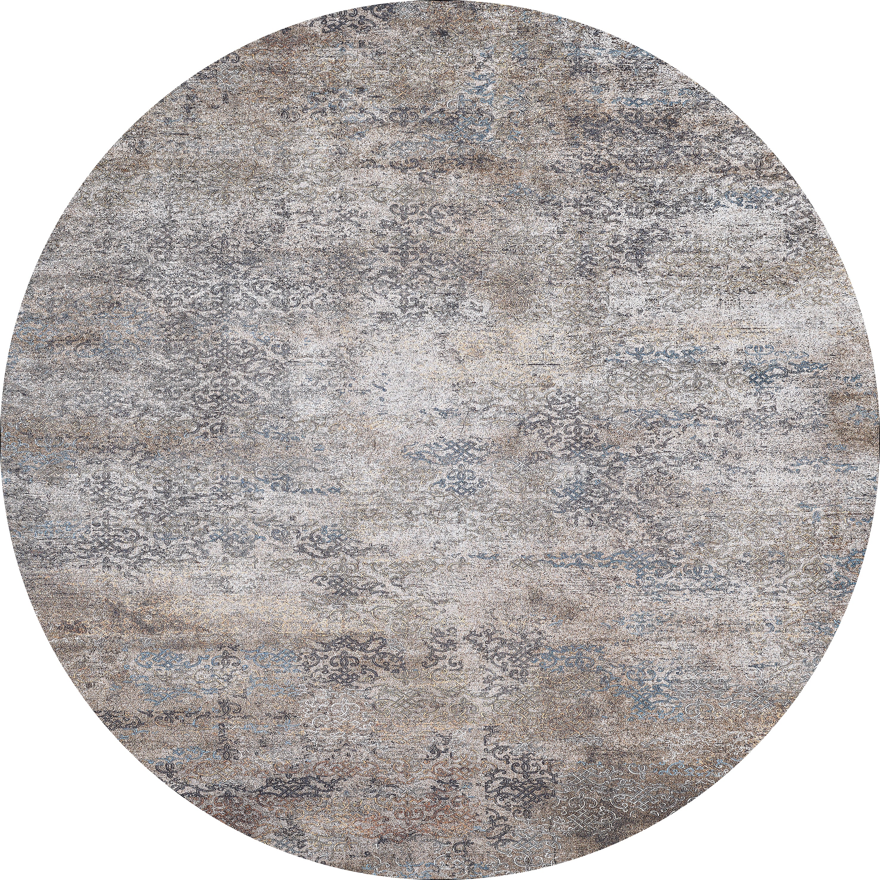 The Elegant Leaf - Washable Rug - JR1945 is a round rug with a distressed, vintage-inspired pattern in gray, beige, and blue tones. Ideal for high-traffic areas, it features washable fabric and faded motifs for a rustic look.