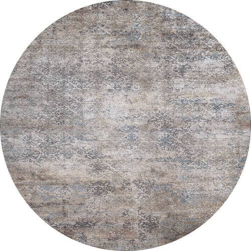 Load image 1 in gallery view. The Elegant Leaf - Washable Rug - JR1945 is a round rug with a distressed, vintage-inspired pattern in gray, beige, and blue tones. Ideal for high-traffic areas, it features washable fabric and faded motifs for a rustic look.