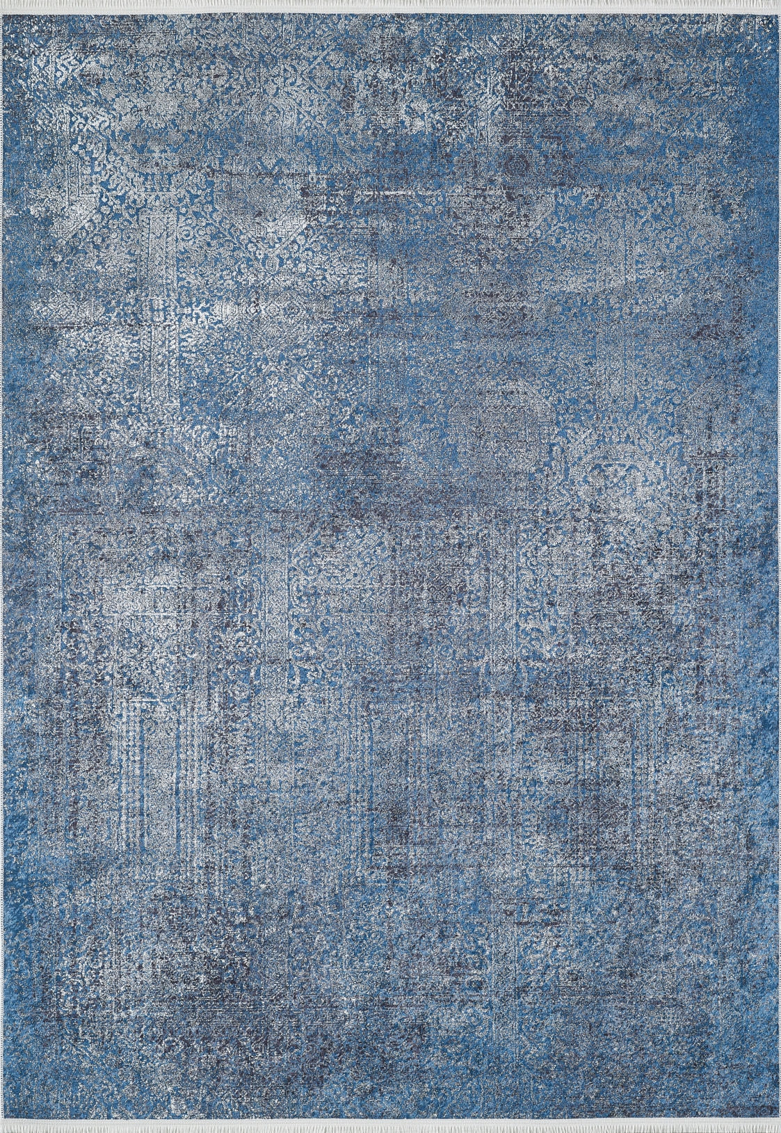 The Elegant Vine - Washable Rug - JR1847 (Custom Size) is a large blue and gray rectangular rug with a vintage-style, distressed floral and ornamental pattern—ideal for high-traffic areas.