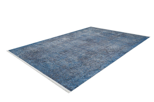 Load image 1 in gallery view. The Elegant Vine - Washable Rug - JR1847 (Custom Size) is a rectangular blue rug with a subtle distressed pattern and white fringes, ideal for high-traffic areas, shown on a white background.