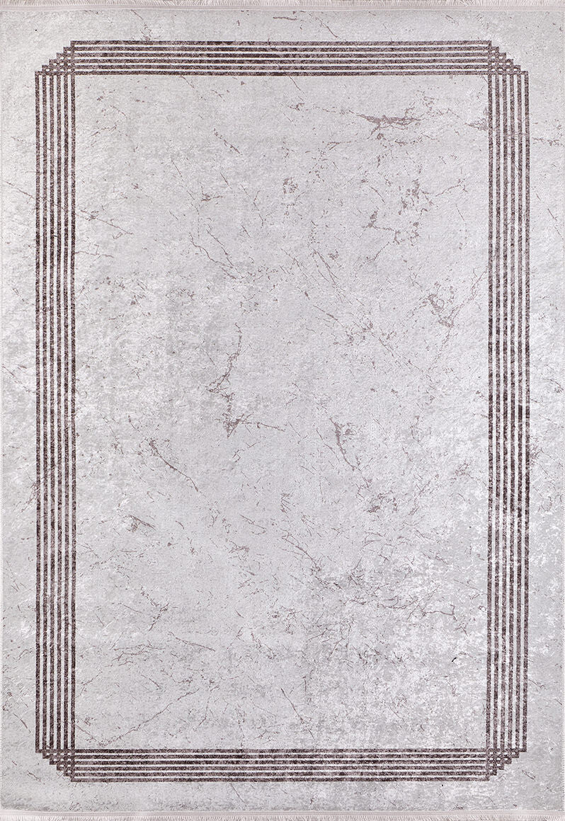 The Elegant and Chic - Washable Rug - JR1509 (Custom Size) features a light grey marbled texture with a simple double-line brown border—durable, washable, and ideal for high-traffic areas while stylishly framing your space.