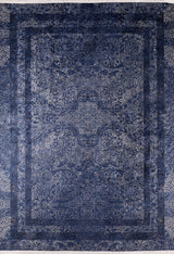 The Elegant and Modern - Washable Rug - JR1297 (Custom Size) features intricate blue and gray floral and geometric patterns with a decorative border—perfect as a washable rug for high-traffic areas.