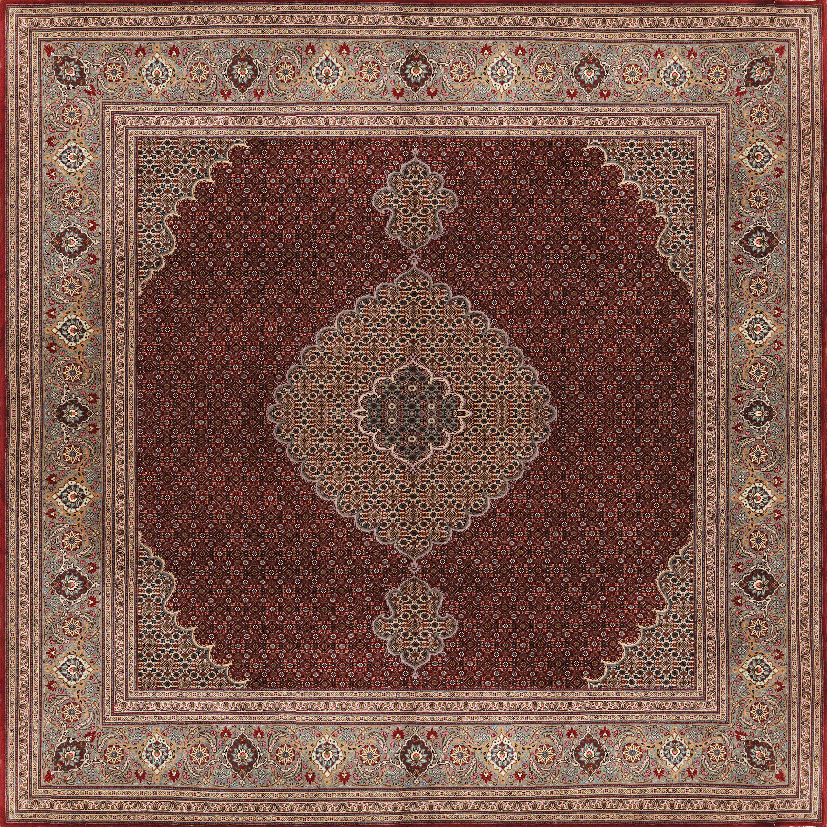 The Elysian Weave - Washable Rug (JRN1001) features rich red tones, a central medallion, floral motifs, and ornate beige, gold, and brown borders with dense detailing for a timeless Persian-inspired look.
