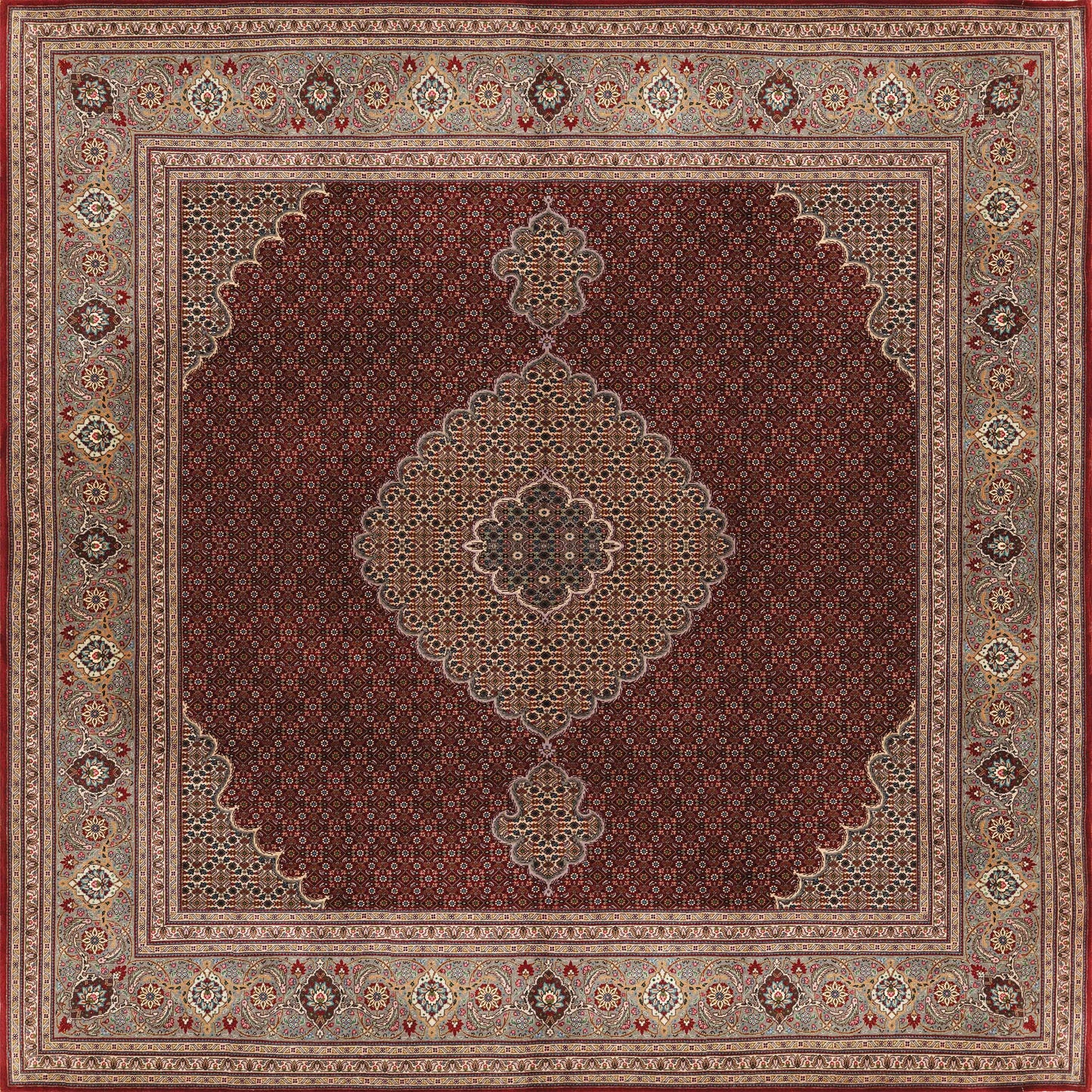 The Elysian Weave - Washable Rug (JRN1001) features rich red tones, a central medallion, floral motifs, and ornate beige, gold, and brown borders with dense detailing for a timeless Persian-inspired look.