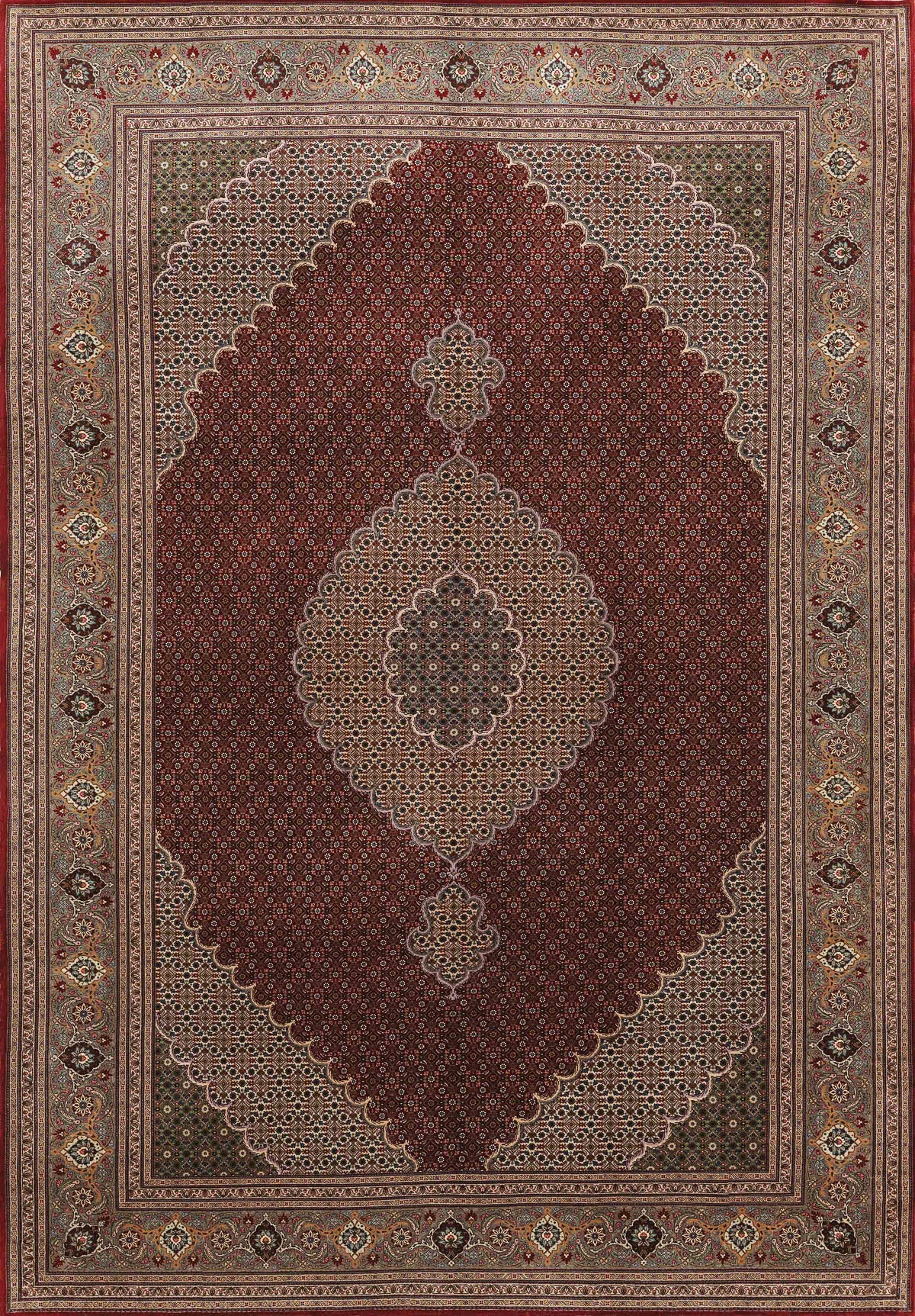 The Elysian Weave - Washable Rug - JRN1001 (Custom Size) boasts a large medallion, intricate geometric and floral motifs, and a red, brown, and beige palette with gold and green accents—classic style with easy washability.