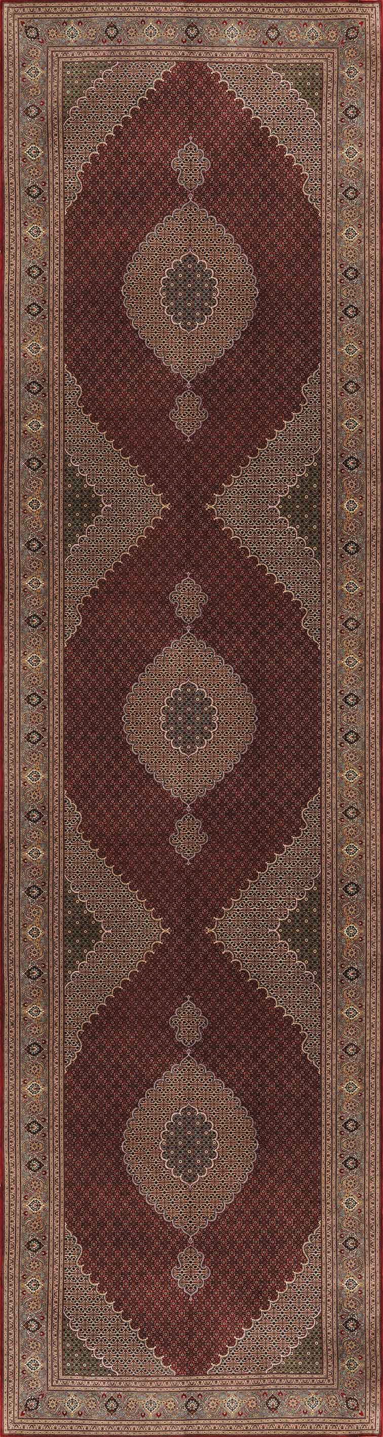 The Elysian Weave - Washable Rug - JRN1001 (Custom Size) is a long red rug with intricate beige, brown, and green geometric diamond and oval patterns, a medallion centerpiece, and detailed floral and geometric borders.