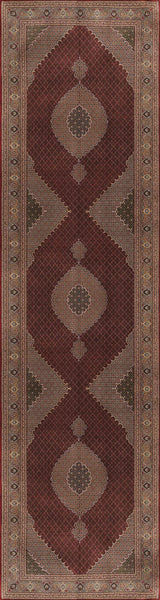 The Elysian Weave - Washable Rug - JRN1001 (Custom Size) is a long red rug with intricate beige, brown, and green geometric diamond and oval patterns, a medallion centerpiece, and detailed floral and geometric borders.