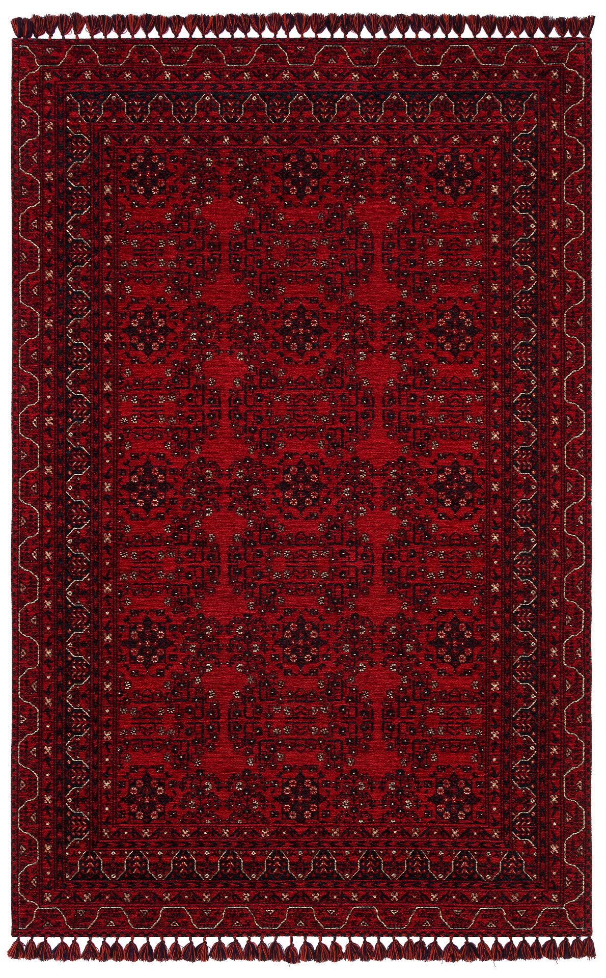 The Ember Stitch - Kilim - BHR02 is a low-pile rectangular rug in red, black, and cream with geometric patterns and multiple borders, finished with fringes—ideal for traditional decor.