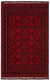 The Ember Stitch - Kilim - BHR02 is a low-pile rectangular rug in red, black, and cream with geometric patterns and multiple borders, finished with fringes—ideal for traditional decor.