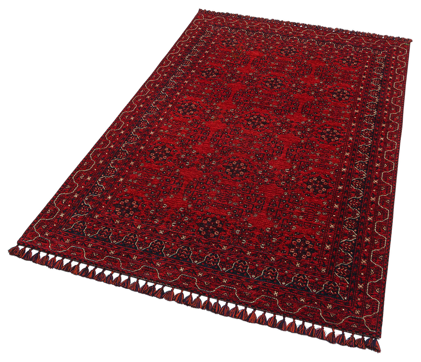 The Ember Stitch - Washable Kilim - BHR02 is a rectangular red rug with geometric borders and intricate patterns, fringed tassels on shorter edges, shown at an angle against a white background.