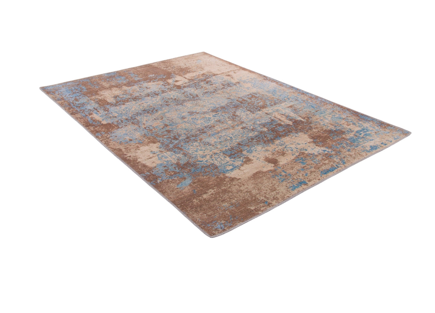 The Enchanted Threads - Washable Rug - JRS002 (Custom Size) features an abstract pattern in brown, beige, and blue—ideal for allergy-sensitive homes and high-traffic areas. Shown on a white background.