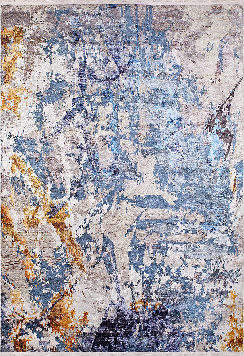 The Enigmatic Elegance - Washable Rug - JR787 (Custom Size) features a textured, painterly pattern in blue, beige, gray, and gold. Durable and ideal for high-traffic areas, its abstract design adds bold style to any space.