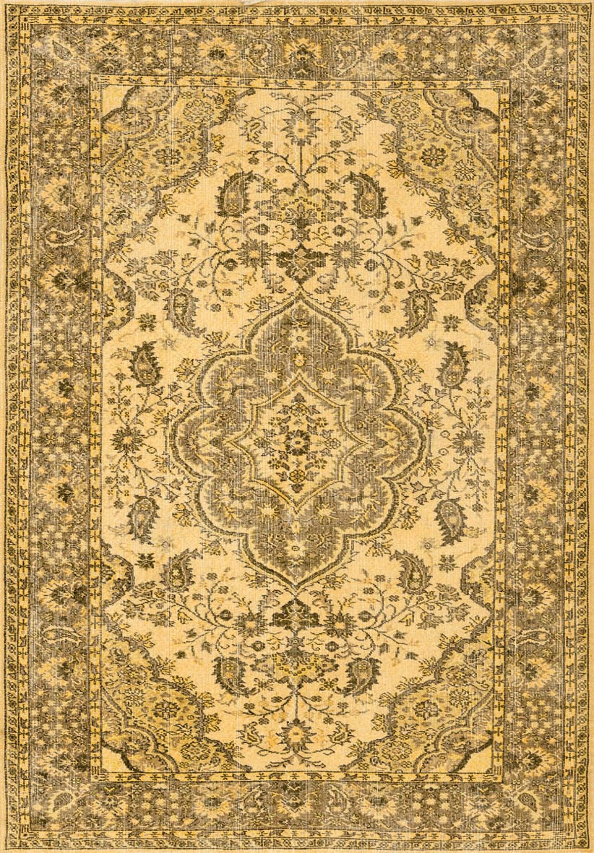 The Eternal Lattice - Washable Rug (JRN1010) is a rectangular Persian-style rug with an intricate floral and vine pattern in gold, beige, and brown, featuring a detailed border and a symmetrical central medallion.
