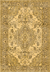 The Eternal Lattice - Washable Rug (JRN1010) is a rectangular Persian-style rug with an intricate floral and vine pattern in gold, beige, and brown, featuring a detailed border and a symmetrical central medallion.