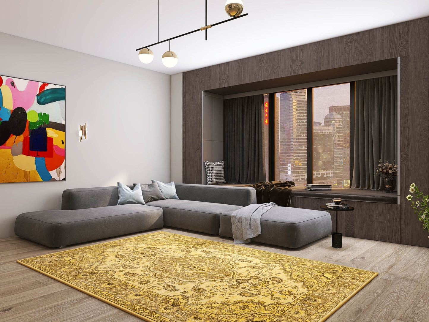 A modern living room features a large gray sectional, abstract wall art, city views through wide windows with dark curtains, and the Eternal Lattice - Washable Rug - JRN1010 adding a bright patterned touch.