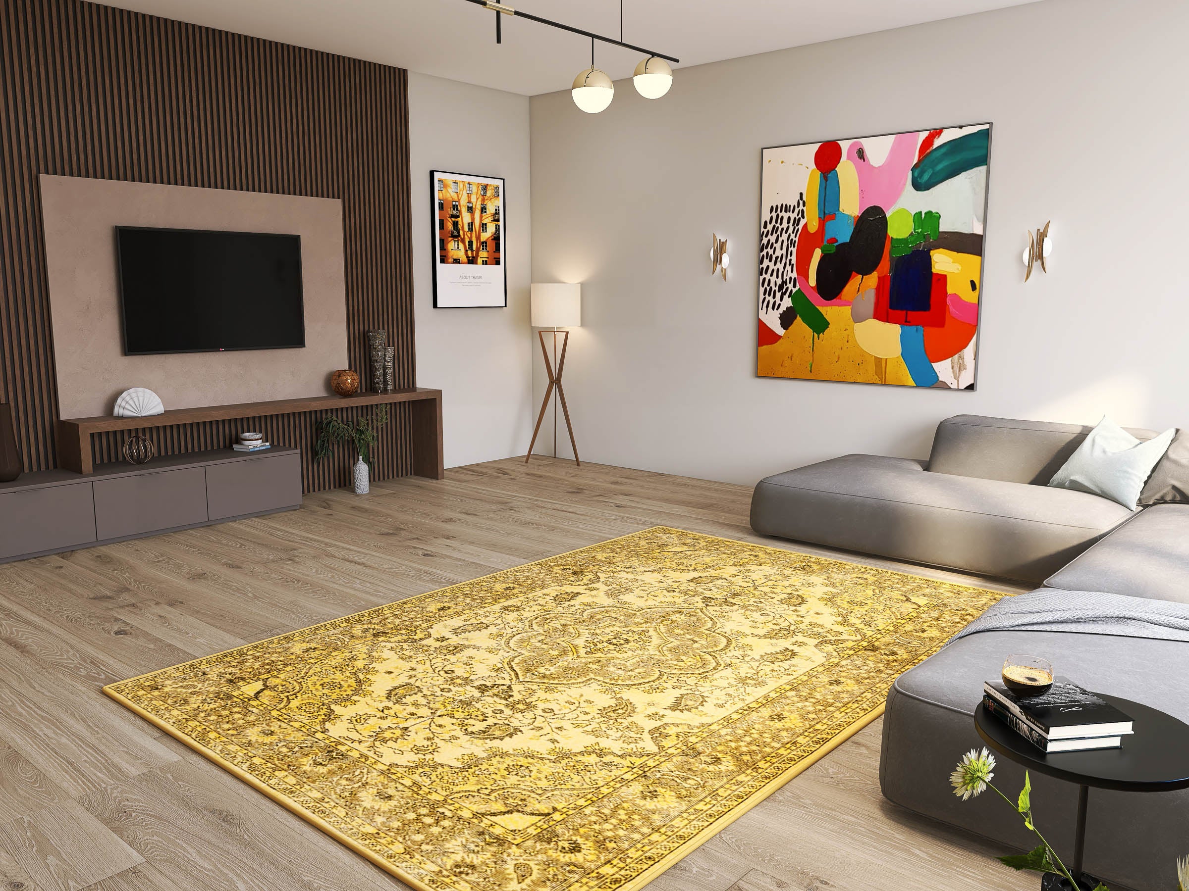 A modern living room with a gray sectional, wall-mounted TV, colorful abstract art, floor lamp, and the Eternal Lattice - Washable Rug - JRN1010 on light wood flooring. A small side table displays a plant and cup.