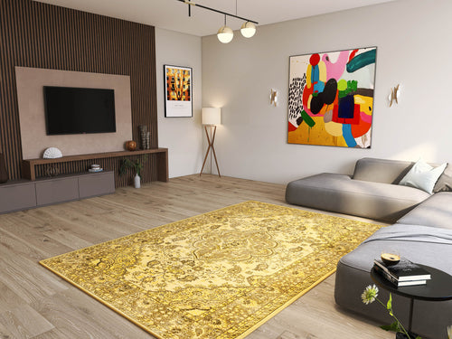 Load image 1 in gallery view. A modern living room with a gray sectional, wall-mounted TV, colorful abstract art, floor lamp, and the Eternal Lattice - Washable Rug - JRN1010 on light wood flooring. A small side table displays a plant and cup.