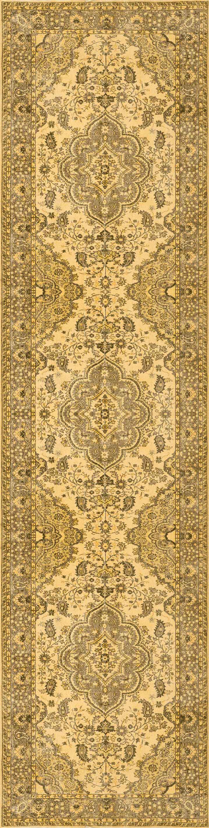The Eternal Lattice - Washable Rug (JRN1010) is a long, rectangular beige and gold rug with intricate floral and geometric patterns, a central symmetrical design, detailed border, and classic traditional style.