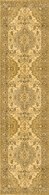 The Eternal Lattice - Washable Rug (JRN1010) is a long, rectangular beige and gold rug with intricate floral and geometric patterns, a central symmetrical design, detailed border, and classic traditional style.