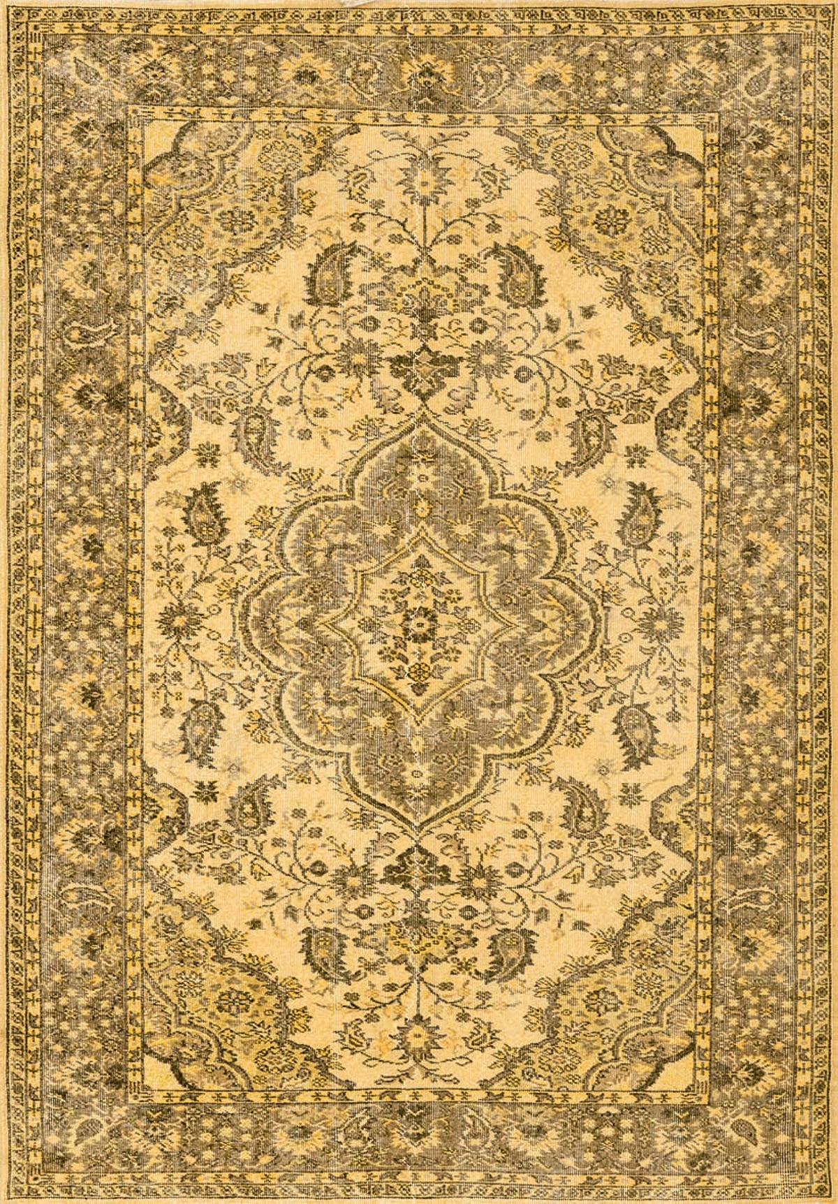 The Eternal Lattice - Washable Rug - JRN1010 (Custom Size) features a rectangular beige and gold Persian-style design with intricate floral patterns, a symmetrical central medallion, and detailed vine-patterned borders.