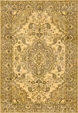 The Eternal Lattice - Washable Rug - JRN1010 (Custom Size) features a rectangular beige and gold Persian-style design with intricate floral patterns, a symmetrical central medallion, and detailed vine-patterned borders.