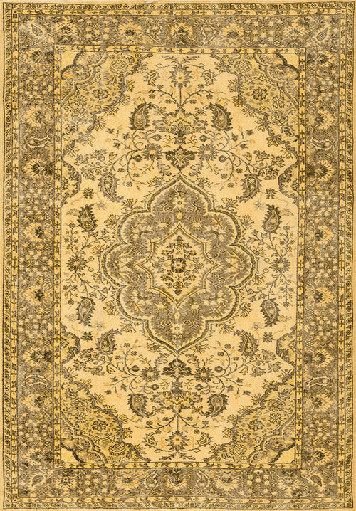 Load image 1 in gallery view. The Eternal Lattice - Washable Rug - JRN1010 (Custom Size) features a rectangular beige and gold Persian-style design with intricate floral patterns, a symmetrical central medallion, and detailed vine-patterned borders.