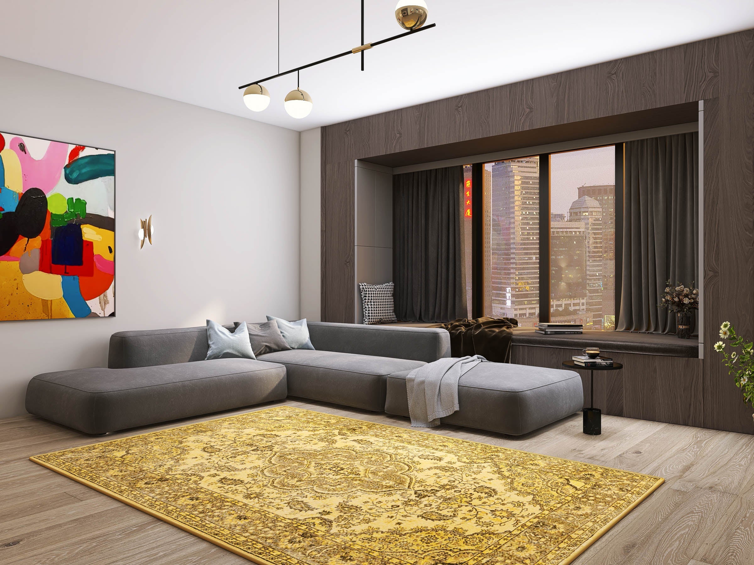 Modern living room with a gray sectional sofa, Eternal Lattice - Washable Rug - JRN1010 (Custom Size), contemporary artwork, large city-view window, and a black side table with decor.
