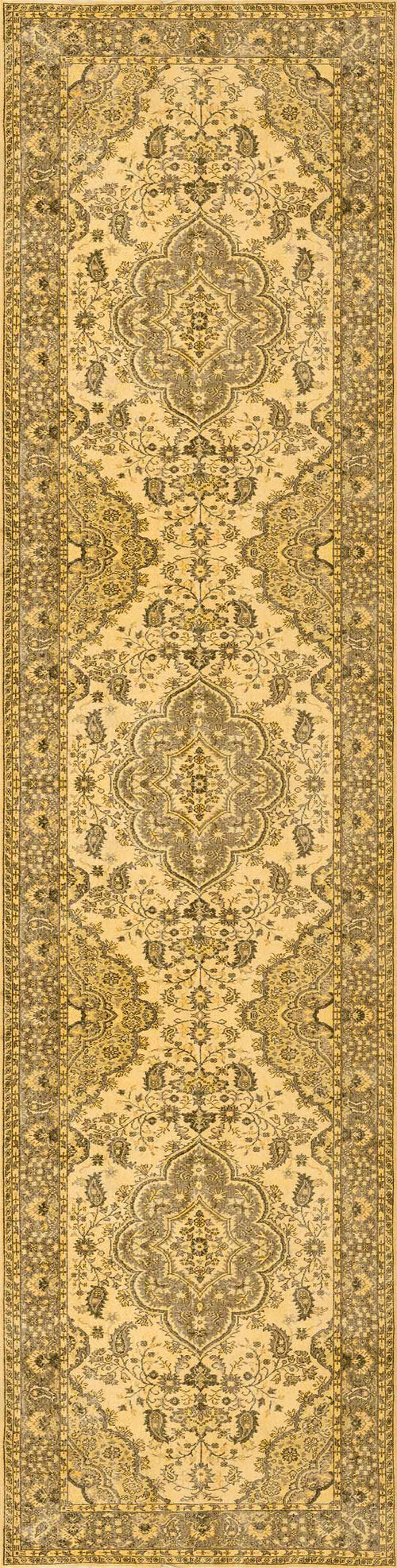 Load image 1 in gallery view. The Eternal Lattice - Washable Rug - JRN1010 (Custom Size) features a long, rectangular beige and gold design with intricate symmetrical floral and geometric patterns, finished with a detailed darker floral border.