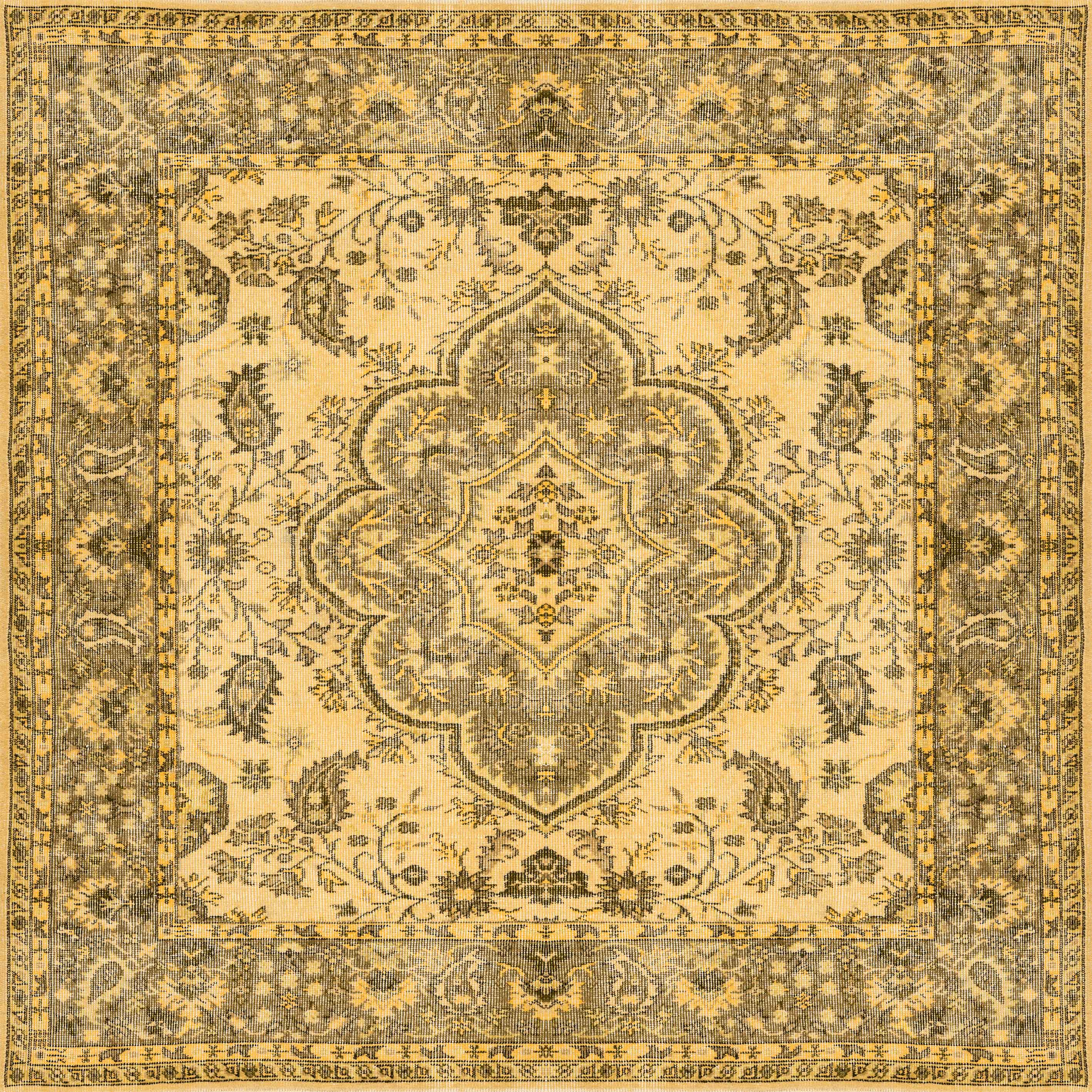 The Eternal Lattice - Washable Rug - JRN1010 (Custom Size) is a rectangular Persian-style rug with intricate gold, beige, and brown floral and vine patterns, a central medallion, and a decorative border.