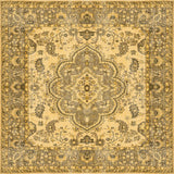 The Eternal Lattice - Washable Rug - JRN1010 (Custom Size) is a rectangular Persian-style rug with intricate gold, beige, and brown floral and vine patterns, a central medallion, and a decorative border.