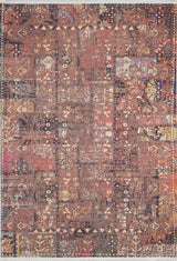 The Ethereal Elegance - Washable Rug - JR1651 (Custom Size) features vintage-inspired geometric and floral patterns in earthy bronze, brown, rust, beige, muted reds, blue, and gold tones with a distressed finish for an authentic worn look.