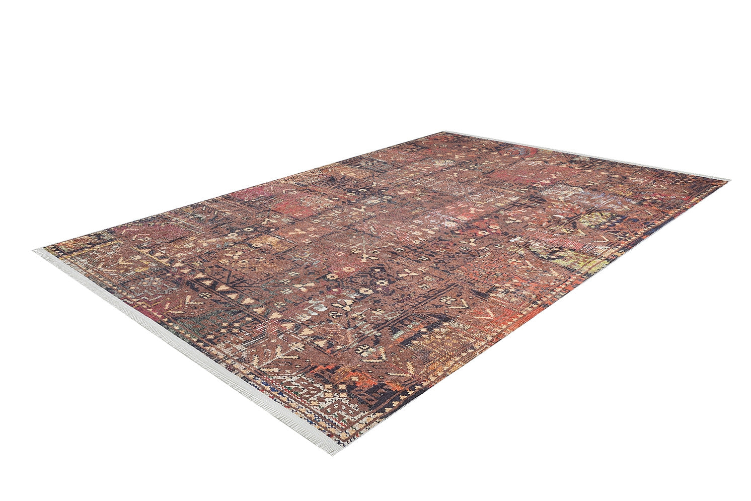 The Ethereal Elegance - Washable Rug - JR1651 (Custom Size) is a rectangular, multicolored oriental rug with an intricate red, bronze, and brown pattern accented by beige tones—ideal for allergy-sensitive homes and stunning on a white background.
