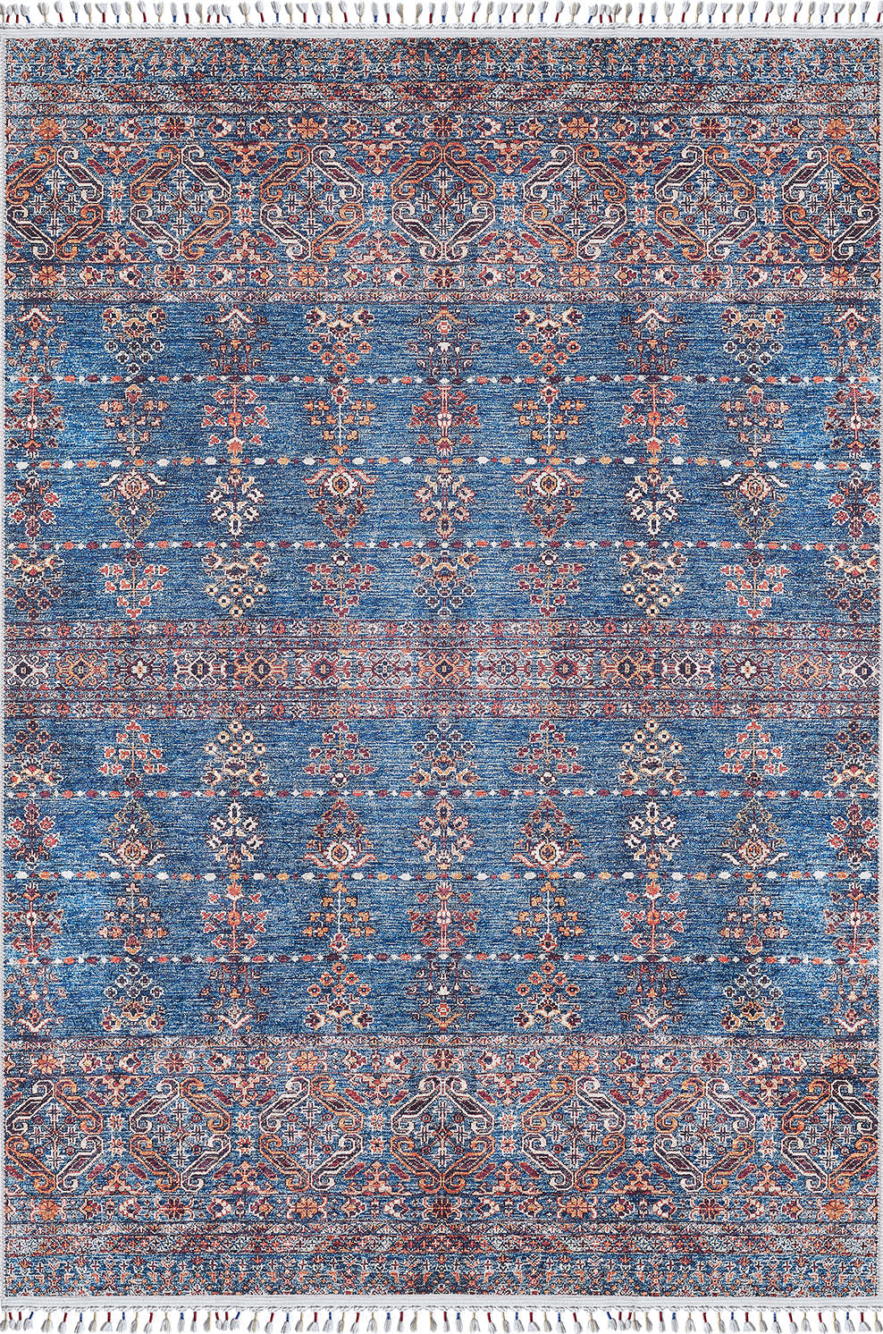 The Ethereal Essence - Washable Rug - JR5087 (Custom Size) features blue, red, white, and orange floral and geometric patterns, symmetrical rows, and fringed edges—making it ideal for high-traffic areas.