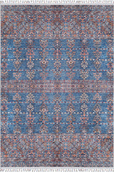 The Ethereal Essence - Washable Rug - JR5087 (Custom Size) features blue, red, white, and orange floral and geometric patterns, symmetrical rows, and fringed edges—making it ideal for high-traffic areas.