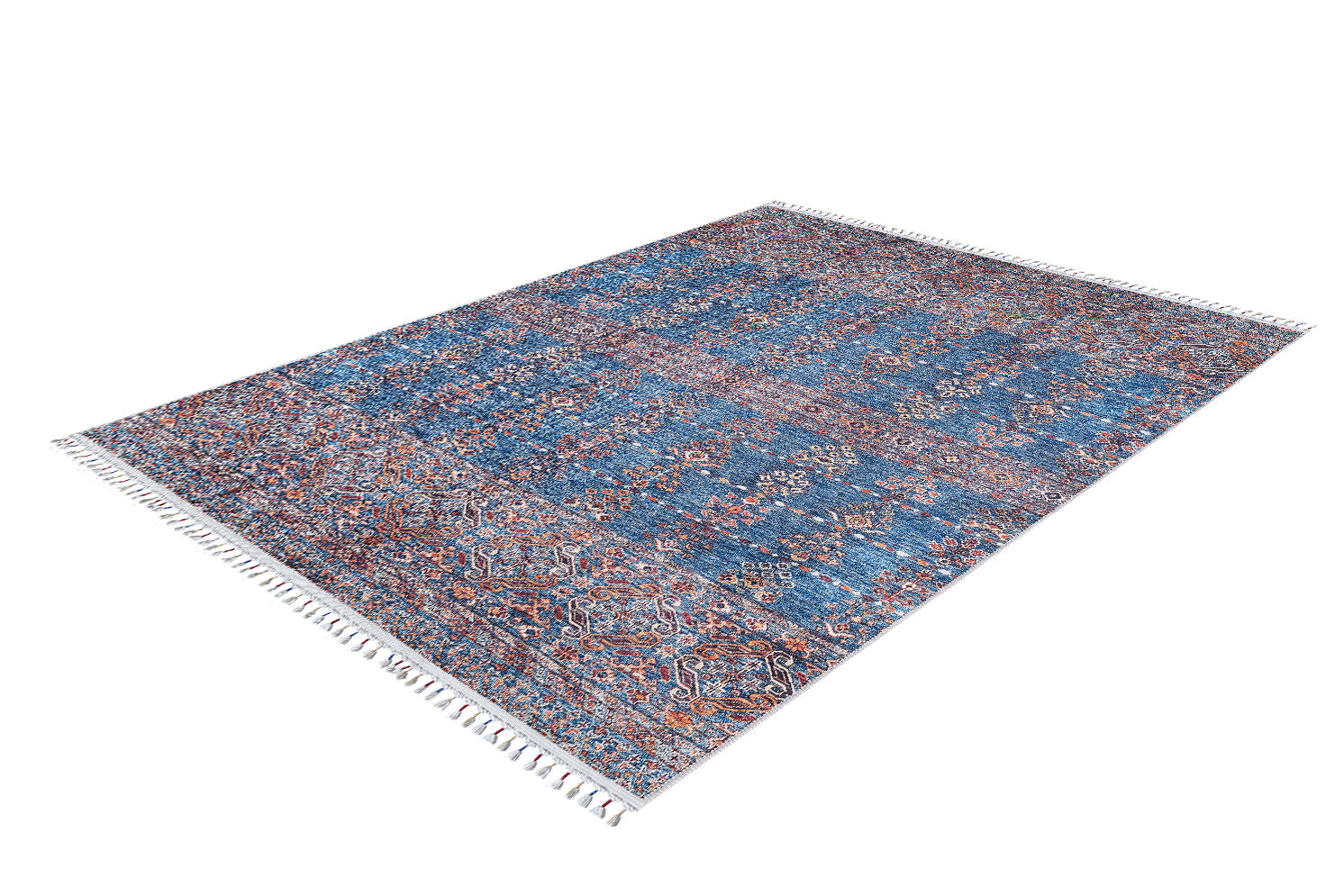 The Ethereal Essence - Washable Rug - JR5087 (Custom Size) is a rectangular blue rug with intricate patterns, fringed edges, and red and beige accents—perfect for high-traffic areas. Displayed on a white background.